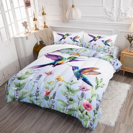 AILONEN Hummingbird Comforter Set Full Size, Purple Flowers Hummingbird Print Bedding Set Gift for Kids,Girls,Lavender Garden Floral Bird Duvet Set,1 Soft Quilt and 2 Pillowcases,3-Piece