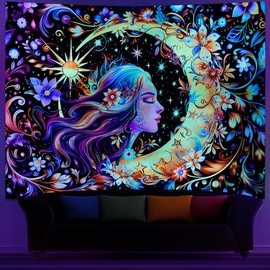 Serborlur Blacklight Sun and Moon Tapestry UV Reactive Psychedelic Floral Tapestries Galaxy Space Tapestry Hippie Boho Mandala Wall Hanging Flower Plants Backdrop for Bedroom Living Room (51.2" × 59.1")