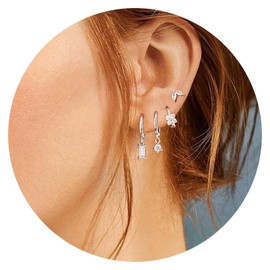 MABAHON 4pcs Silver Earrings Set for Women Girls,Dainty Crystals Hoop Earrings Diamond Petals Drop Earrings Trendy Rhinestones Stud Earrings for Multiple Piercing Small Hoop Earrings Jewelry Gifts