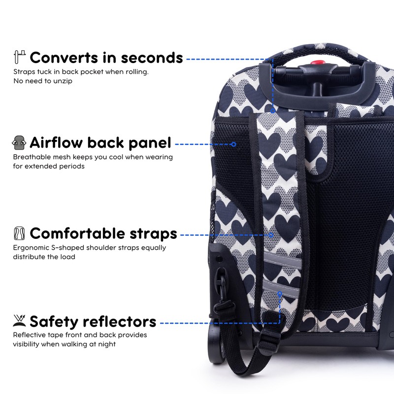 J World Sunrise Rolling Backpack. Roller Bag with Wheels, Heart