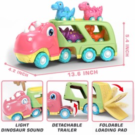 Dinosaur Car Toy for Toddler Girl, Dino Carrier Truck with 4 Mini Cartoon Pull Back Cars with Realistic Lights and Sounds, Pink Girls Toys for Kid Child Baby Age 3 Years Old Birthday Party Gift