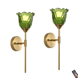 XIYOUVE 2 Pack Battery Operated Wall Sconce with Green Glass Lampshade, Mid Century Bathroom Vanity, Wireless Rechargeable RGB Wall Light with Remote Control, for Bedroom Mirror Living Room