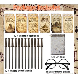 Wizard Stationery Party Geschenke mit 12 Geschenk-Taschen, 12 Magic Wands Bleistifte, 12 Notizbücher, 12 Rahmen Gläser für Hexe Geburtstag Party Favors Goodie Bag Fillers Schule Belohnungen Set