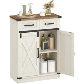 Hzuaneri Bathroom Storage Cabinet, Freestanding Bathroom Floor Cabinet with Drawers & Doors, Farmhouse Buffet Cabinets with Adjustable Shelf, for Kitchen, Living Room, Entryway, White Brown SC62414X