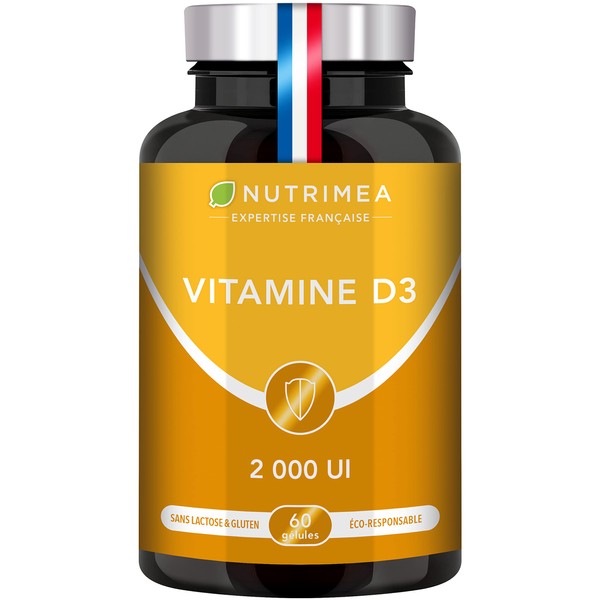 Vitamin D3 – 100% Pure – 2000 IU – 1000% Daily Intake – Bone Health & Teeth – Immunity – 60 Capsules – Nutrimea – Made in France