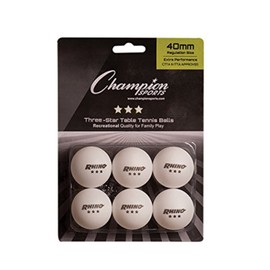 Champion Sports 3 Star Table Tennis Ball Pack, Tournament Grade, White, 40mm Seamless Design, 6 Balls