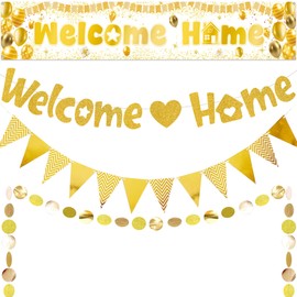 Welcome Home Banners Decorations Gold - Welcome Banner Bunting 4m Circle Dot Garland Party Supplies, Glitter Banner for Baby Shower Family Back Party Decoration
