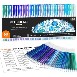 Shuttle Art 60 Pack Blue Tone Gel Pens, 30 Blue Tone Gel Pens with 30 Refills for Adults Coloring Books Journaling Drawing Nature, Landscapes, Animals Scenes
