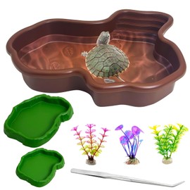 Apatal Reptile Bathing Pool 2-in-1 Tortoise Water Dish with Ramp Large Turtle Feeding Bowl with Steps Plastic Reptile Food & Water Dishes 7 Pcs Gecko Habitat Decoration Accessories Lizard Bath Tub