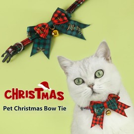 Pet Christmas Cat and Dog Collar, Red and Green Plaid with Bow Tie and Bell, Adjustable 17-34 Inches, Safety Buckle, Holiday Style (Green, 17-34cm)