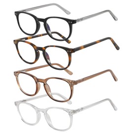KSSESSE Reading Glasses for Men Women Blue Light Blocking Oval Readers with Spring Hinge 4 Pack 0.0