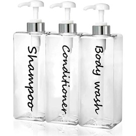 21oz Shampoo Dispenser - Refillable Shampoo and Conditioner Bottles (Clear, Set of 3) - Modern Shampoo Bottles for Shower Soap - Empty Shampoo Conditioner Body Wash Dispenser Set - for Hotel Bathroom