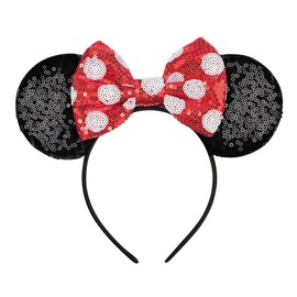 LYLIN Classic Red Mouse Ears Headband with Sequin Bow for Girls Women Birthday Party Cosplay Costume Party Decorations(Red)