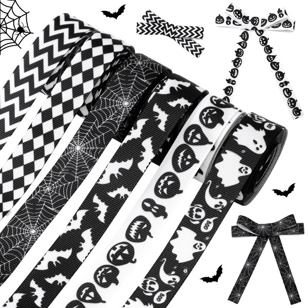 Whaline 6 Rolls Halloween Wired Edge Ribbon Spiderweb Ghost Pumpkin