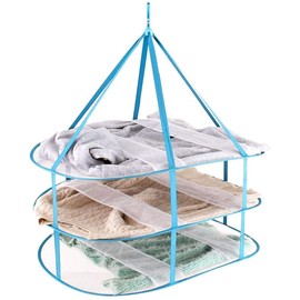 VICMAT Portable 3-Tier Foldable Windproof Mesh Basket for Drying Sweaters while Lying Down 3 Layers Foldable Fabric Net (Blue)