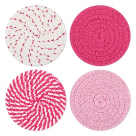 Piriuuo 4 Pcs Woven Cup Coasters, Absorbent Coaster for Desk Boho Coasters Minimalist Desk Coaster Cute Coasters for Desk Drink Coasters for Home Decor 4.13 In(Pink)