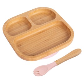 Tiny Dining Baby Plate & Fork Set - Pastel Pink - 2pc - Segmented - Divided Non-Slip Bamboo Self-Feeding Weaning Plate & Fork for Babies, Toddlers & Children