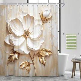 Chic Elegant Floral Shower Curtain, Modern Minimalist Abstract White and Gold Flower Shower Curtains Set, Luxury Golden Leaves Fabric Shower Curtains for Bathroom Decor Bathtub with Hooks, 72Xx75