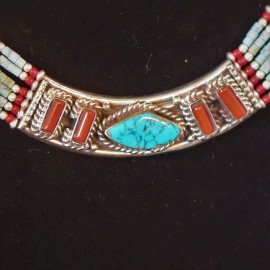 TDbN - Tribal Designs by Neela Necklace |Inlaid| Turquoise & Coral Stones| Tibetan Silver|6 Strands
