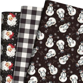 Sanixin 12Pcs Vintage Christmas Wrapping Paper with Santa Snowman Snowflake Black White Buffalo Plaid Patterned for Winter Holidays DIY Craft, 3 Patterns, 27.6×19.7 Inches,Easy Storage (Black Snowman Santa)
