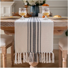 Caflife Boho Table Runner for Modern Farmhouse Decor, Dining Table décor 13 x 90 Inch Long, Coffee Table Runner with Handcrafted Tassels, Grey and Beige Stripe Table Runner for Home Boho Décor