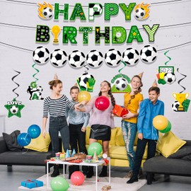 Football Banner Spiral, 8 Pieces Football Birthday Decoration Set, Football Happy Birthday Banner Football Spirals Hanging Decoration Birthday Decoration Football Party Decoration Green