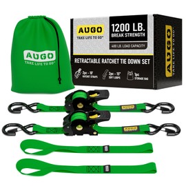 AUGO Retractable Ratchet Straps | 2 Heavy Duty Ratchet Straps Self Retractable Tie Down Straps with Soft Loops & Storage Bag for Motorcycle, Truck, Trailer, Cargo Van | 1200 Lb Break Strength 1” x 10’