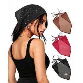 Molans 3Pcs Hair Bandanas Head Scarf for Women - Y2K Triangle Headband Kerchief Tie-Back Mesh Head Coverings Rhinestone Headscarf for Girls(Black+Red+Brown)
