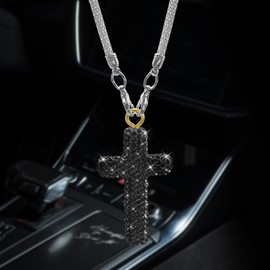 Lyxheth Bling Car Hanging Ornament, Rear View Mirror Accessories, Cross Crystal Rhinestone Auto Rear View Mirror Pendant, Car Diamond Religious Interior Vehicle Pendant Charm for Men Women (Black)