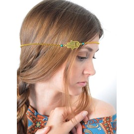 DoubleNine Boho Hand of Hasma Fatima Turquoise Head Chain Necklace Bridal Wedding Headpiece Headband Hair Accessories Headpiece Godness Hair Piece for Women Girls (silver)