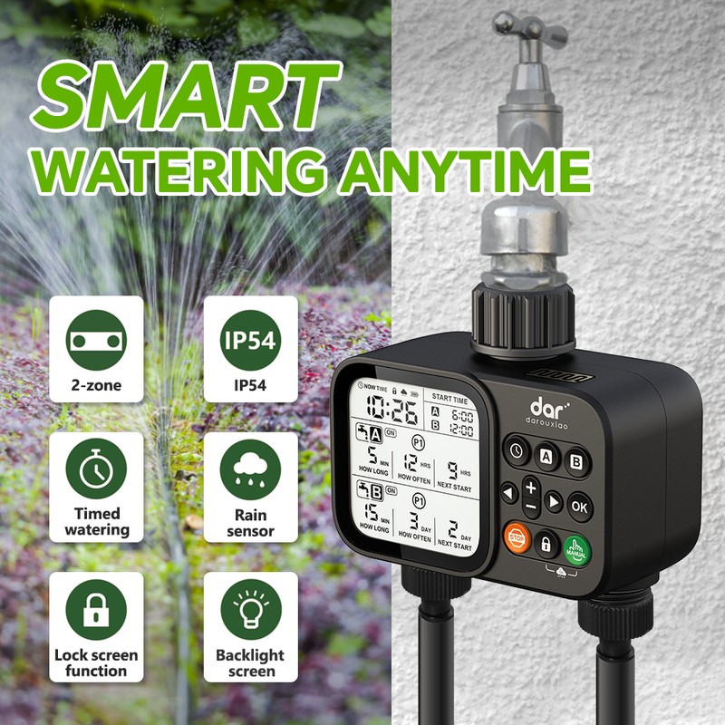 2-Zone Digital Garden Water Timer with Rain Sensor – Automatic