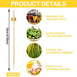 1000 Pcs Gold Pearl Cocktail Picks, Appetizers Fancy Cocktail Skewers Bamboo Reusable Toothpicks for Charcuterie Accessories Party Desserts Drinks (4.7 Inch)