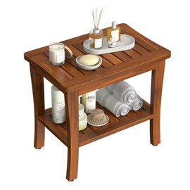 Large Teak Wood Shower Bench Stool with Storage Shelf Wooden Teak Bench for Shower Seat Chair for Inside Shower Waterproof Teakwood Shower Bench Bathroom Spa Bathing Shower Stool with Non-Slip Feet