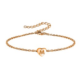 KunBead Mini Size Rose Gold Initial M Letter Bracelet Love Heart Charm Stainless Steel Birthday Adjustable Bracelet