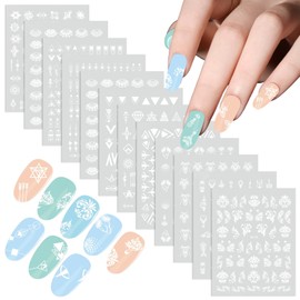 SILPECWEE 11 Sheets Geometry Nail Stickers 3D White Nail Art Stickers Decals Abstract Nail Designs Self Adhesive Manicure Sticker Nails Decoration for Women Girls