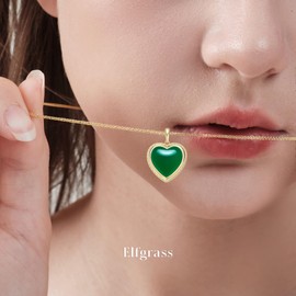 Elfgrass Heart Pendant Necklace for Women S925 Sterling Silver Natural Agate Jewelry Gift for Her Anniversary Valentine's Day (Jade Green)
