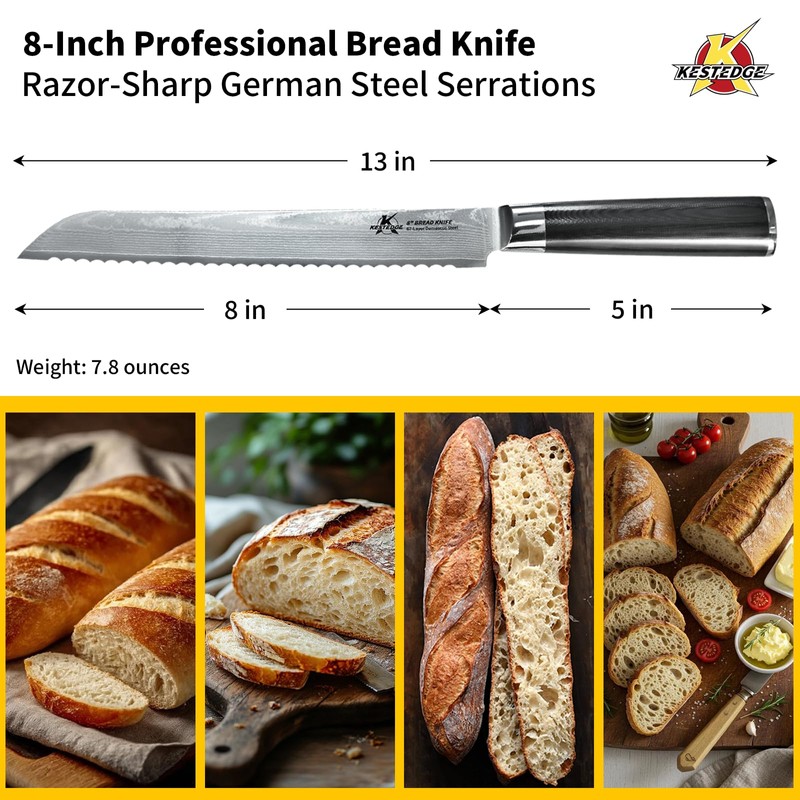 KESTEDGE 8-Inch Sourdough Bread Knife, Micro-Serrated for Bread Slicing