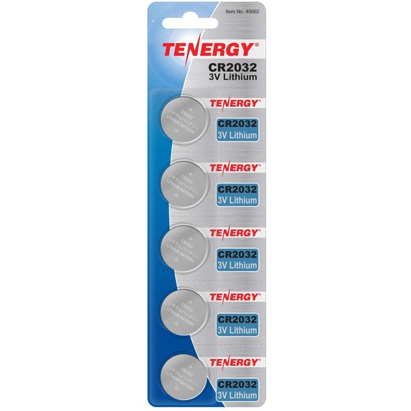 Tenergy 3V CR2032 Batteries, Lithium Button Coin Cell 2032 Battery, Ideal for Key FOBs, calculators, Coin counters, Watches, Heart Rate Monitors, Glucometer, and More - 5 Pack