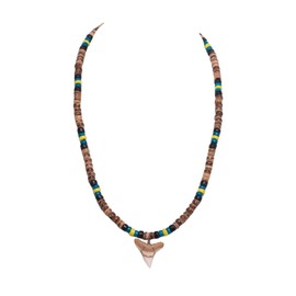 BlueRica Shark Tooth on Tiger Brown & Blue Coconut Shell Beads Necklace (18" 3L)
