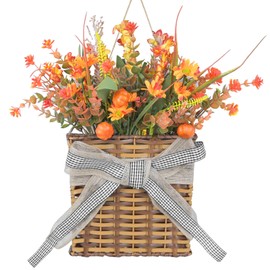 Orange Pumpkin Wreath Fall Door Hanger Basket Wreath, Artificial Autumn Thanksgiving Pumpkin Wreaths with Mixed Leaves Sunflower for Front Door Indoor Outdoor Decor Farmhouse Harvest Orange Wreaths