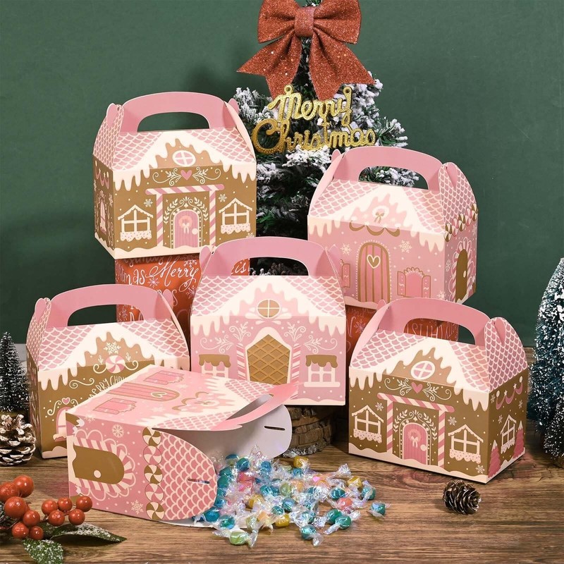 24Pcs Pink Christmas Paper Gift Boxes Gingerbread House Candy Boxes