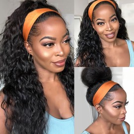 Maytune Curly Headband Wig Human Hair 20 Inch Glueless Deep Wave Human Hair Wigs None Lace Front Wigs for Black Wet and Wavy Headband Wig Natural Color