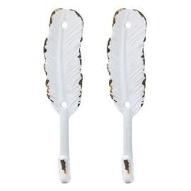 SOFFEE DESIGN Set of 2 Vintage Feather Wall Metal Coat Hooks, Heavy Duty White Hangger Hooks, Decorative Rack Hooks for Hanging Scarf, Bag, Towel, Key, Cap