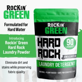 Rockin' Green Hard Rock Laundry Detergent for Hard Water (90 Loads), Plant based, Natural Laundry Detergent Powder, Biodegradable Odor Fighter, Safe for Sensitive Skin, 45 oz (Unscented)