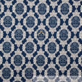 Riley Blake BonEful Fabric FQ Cotton Quilt Navy Blue White Rose Flower Skeleton Skull Damask