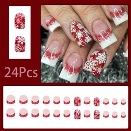 Christmas White French Tip Press on Nails Medium Square Fake Nails Xmas Gradient Snowflake Glossy False Nails Christmas Red White Glitter Glue on nails Acrylic Nails Stick on Nails for Women 24Pcs