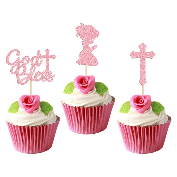 Gyufise - 24 decoraciones para cupcakes con purpurina rosa con diseño de Dios bendiga y cruz para baby shower, decoración de fiesta de bautismo, decoración de fiesta