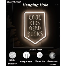 Cool Kids Read Books Neon Sign LED Neon Light for Classroom, Library Bedroom Wall Decor, Warm White 3D Engraving Lettering USB Power with dimmer 13.8 * 9.4 Inches