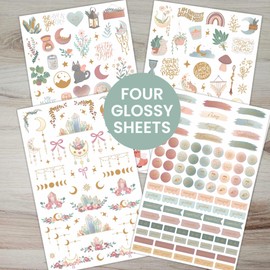 Bloom Daily Planners x Simply Gilded Aesthetic Neutral Planificador Pegatinas (8 hojas / 435 pegatinas) - Paquete variado bohemio con lámina dorada para decoración, planificación, álbumes de recortes