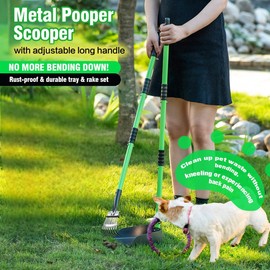 MXF Dog Pooer Scooper Set, 2 in 1 Pet Poop Scooper with Long Handle 28" Dog Poop Picker Upper and Stainless Metal Tray & Rake for Medium & Small Dogs, Heavy Duty for Grass, Dirt, Gravel